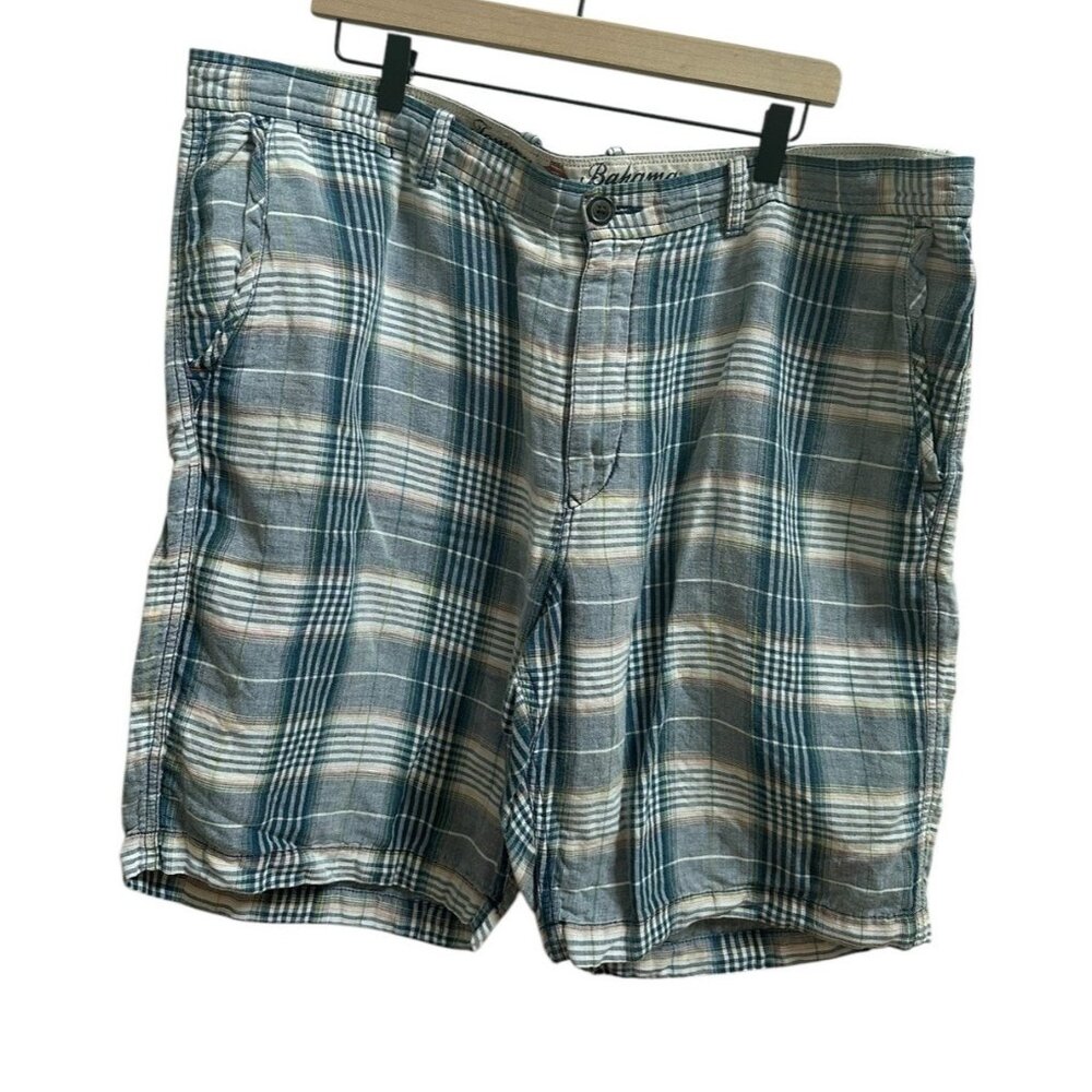 Tommy Bahama Linen Blend Shorts Mens Sz 42 Blue Plaid Outdoor Beach Vacation